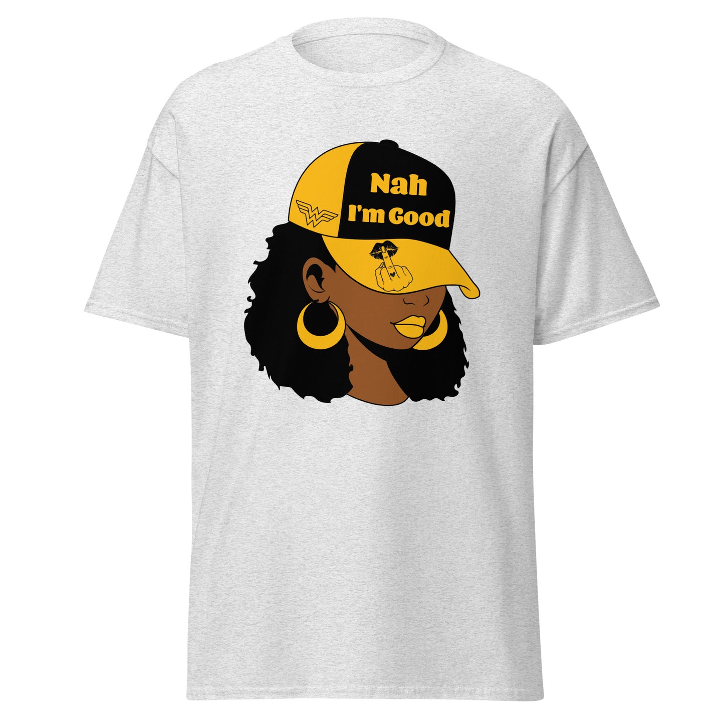 Nah I'm Good T-Shirt, Sarcasm, Funny, Graphic, African American Woman, Baseball Cap, Dad Hat, Black and Gold