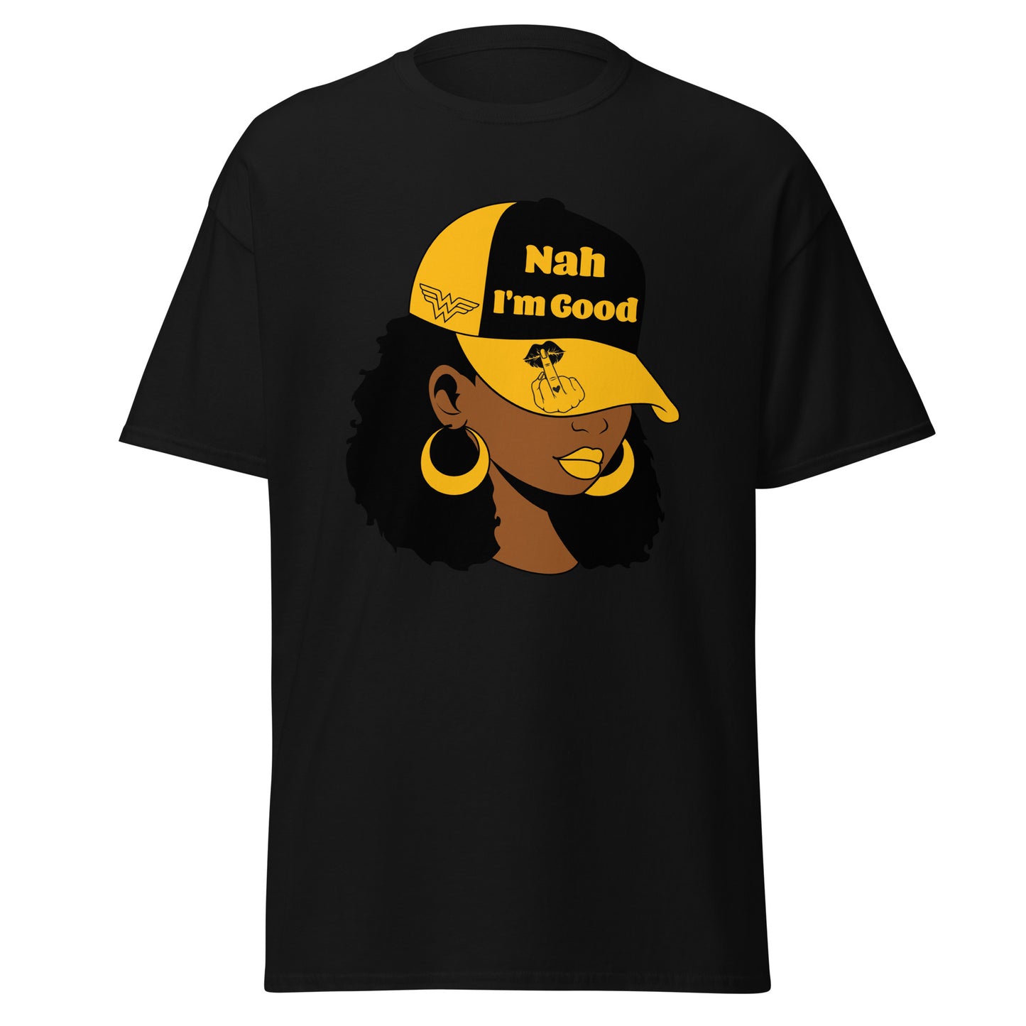 Nah I'm Good T-Shirt, Sarcasm, Funny, Graphic, African American Woman, Baseball Cap, Dad Hat, Black and Gold