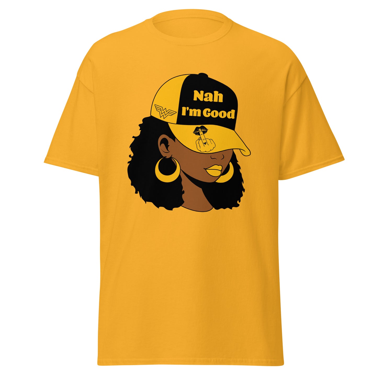 Nah I'm Good T-Shirt, Sarcasm, Funny, Graphic, African American Woman, Baseball Cap, Dad Hat, Black and Gold