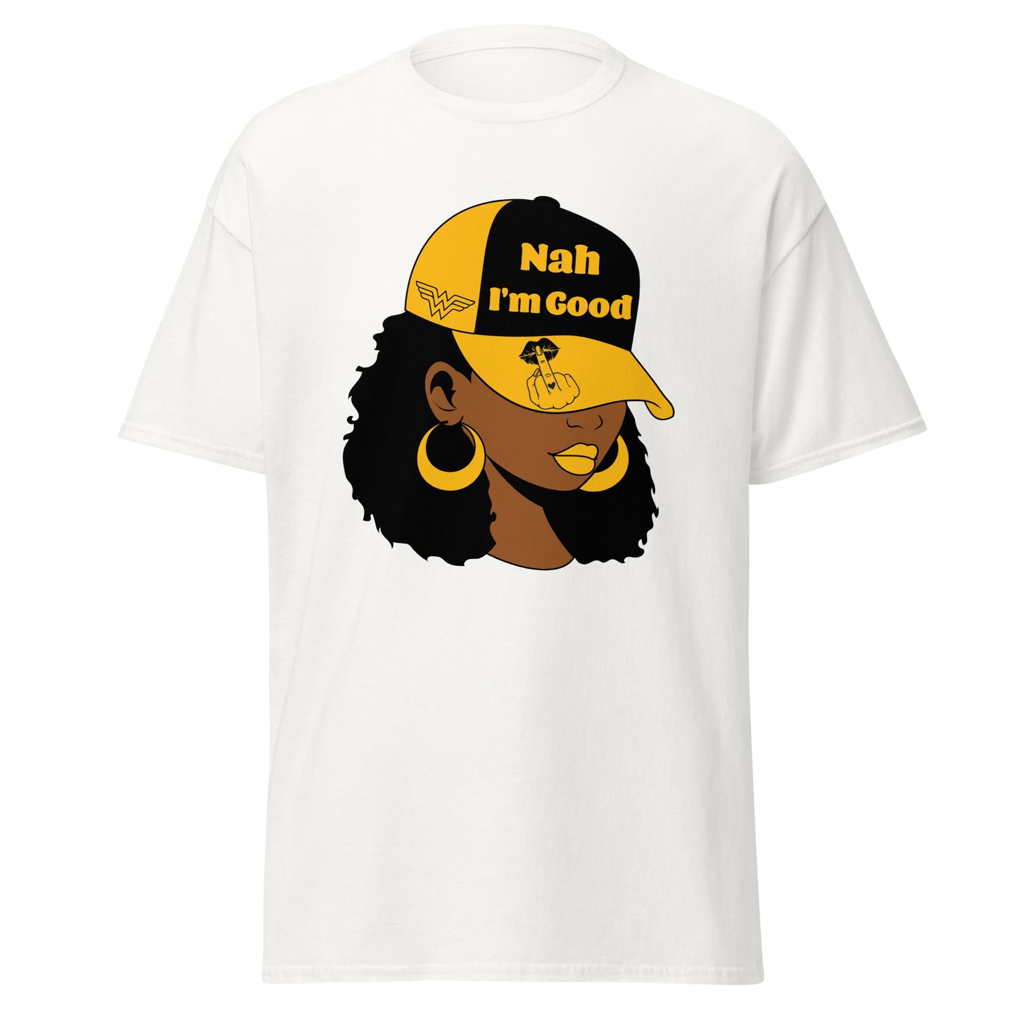 Nah I'm Good T-Shirt, Sarcasm, Funny, Graphic, African American Woman, Baseball Cap, Dad Hat, Black and Gold